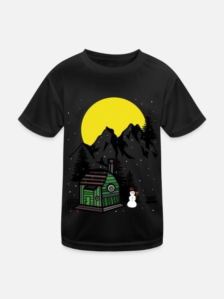 Mountains Austria Winter Snowman Hut Alps - Kids Functional T-Shirt - black - Front