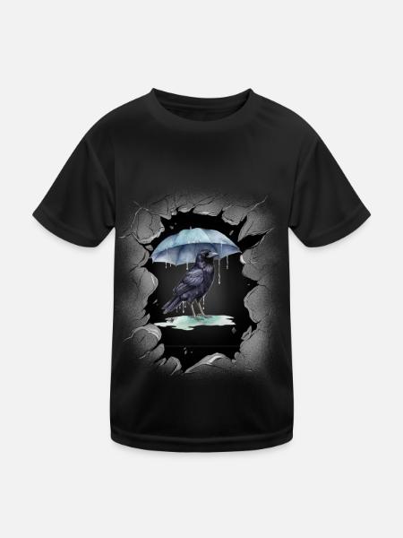 Bird, Weather, Rain, Umbrella, Dark Crow - Kids Functional T-Shirt - black - Front
