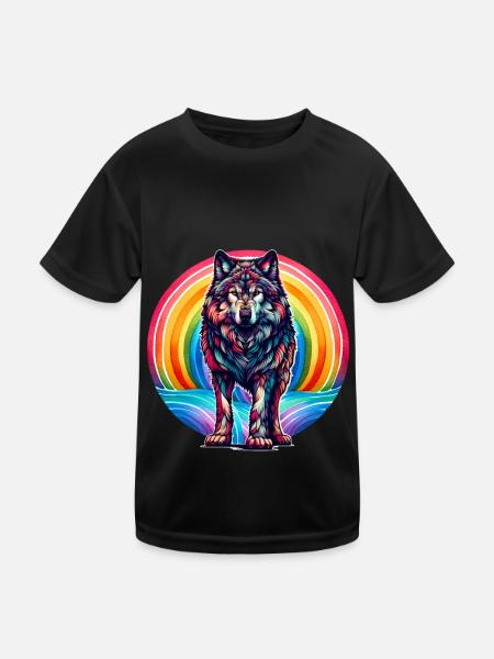 Regenbogen Wolf Wölfe - Kinder Funktions-T-Shirt - Schwarz - Vorne
