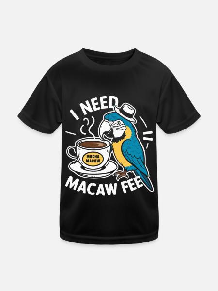 Funny Scarlet Macaw Parrot And Coffee Macawfee - Kids Functional T-Shirt - black - Front