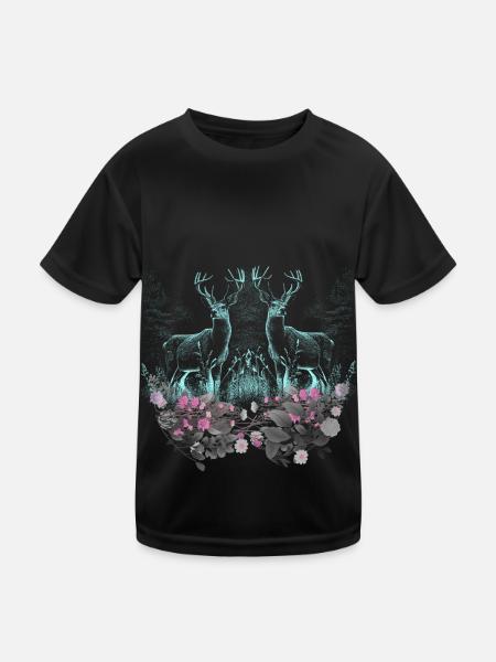 Hirsch Hirsche Wild Blumen Natur Waldtiere Rehbock - Kinder Funktions-T-Shirt - Schwarz - Vorne