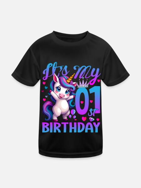 1. Geburtstag Einhorn Es ist mein 1. Geburtstag - Kinder Funktions-T-Shirt - Schwarz - Vorne