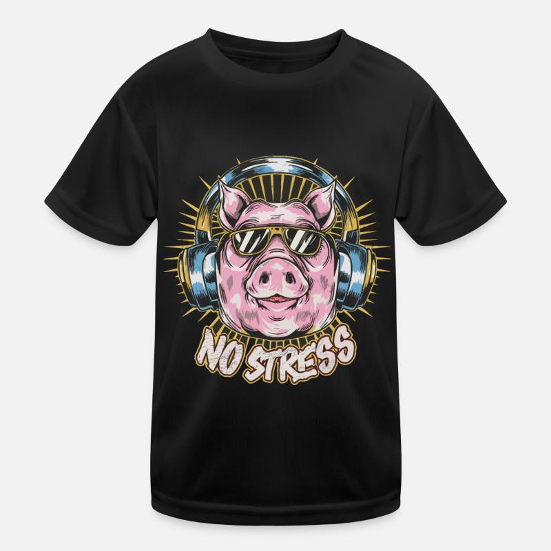 Cochon avec des écouteurs Drôle de dicton PAS DE STRESS T-shirt sport Enfant
