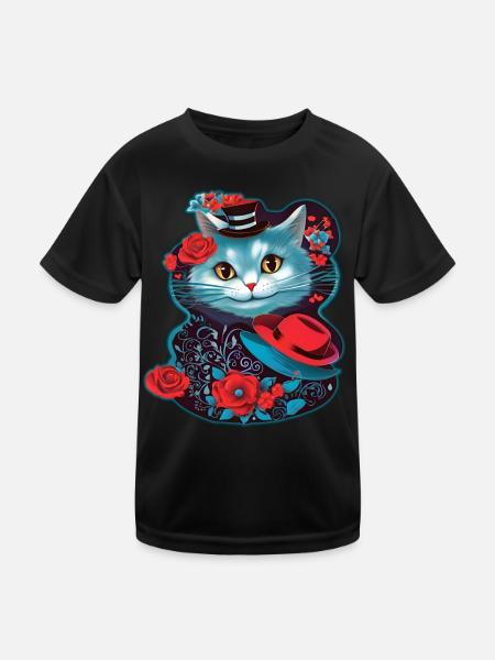 Chat mignon avec chapeau et roses - T-shirt sport Enfant - noir - Devant