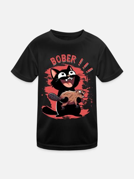 Hyper-Katze ruft „Bober!!!“ – Tierischer Ausraster - Kinder Funktions-T-Shirt - Schwarz - Vorne