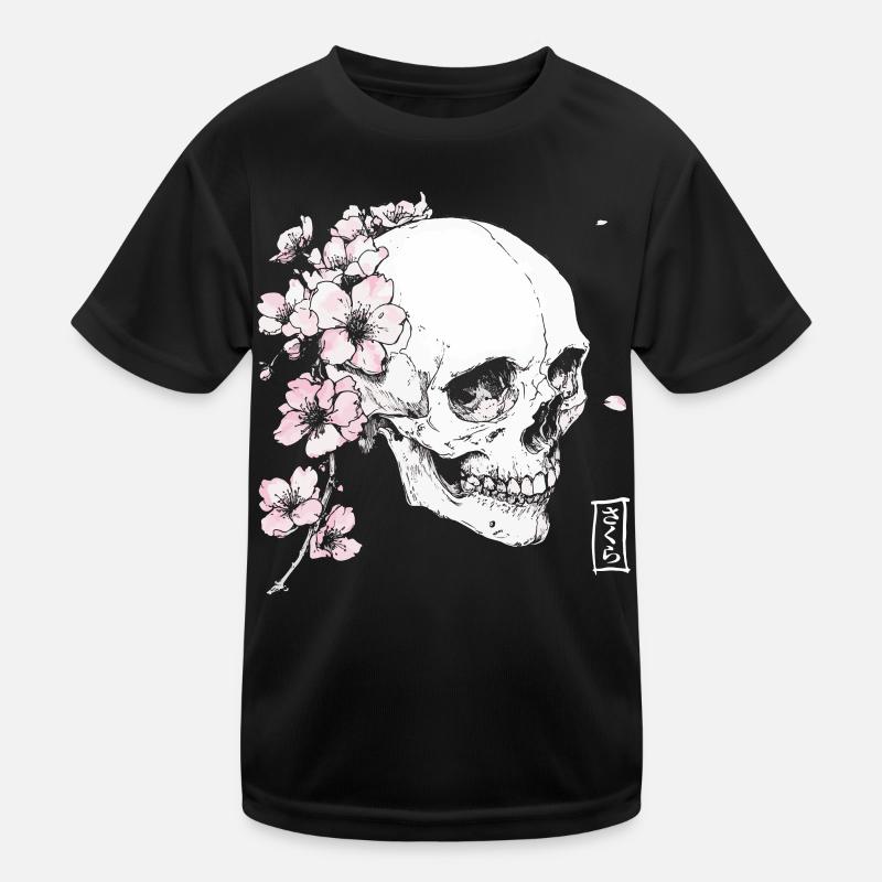 Kirschblüten Schädel im Japan-Stil - Kinder Funktions-T-Shirt - Schwarz