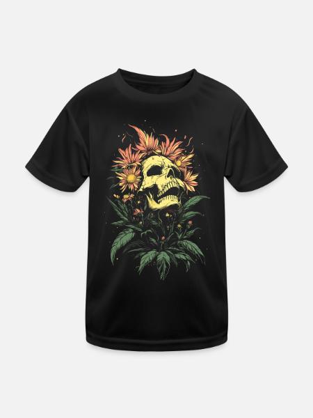 Flower Skull with Rampant Nature - Kids Functional T-Shirt - black - Front