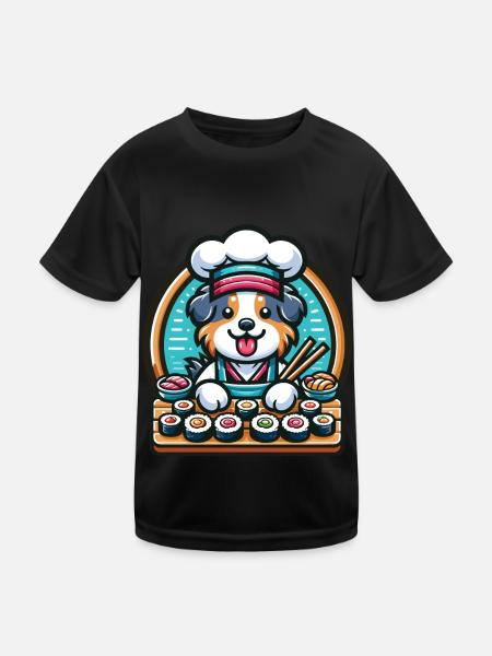Australian Shepherd Koch Sushi im Kawaii-Stil - Kinder Funktions-T-Shirt - Schwarz - Vorne