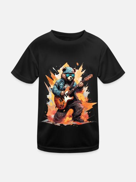 Ein Bär, der eine E-Gitarre spielt - Kinder Funktions-T-Shirt - Schwarz - Vorne