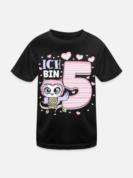 Fünfter Geburtstag Mädchen 5 Jahre Eule - Kinder Funktions-T-Shirt - Schwarz - Vorne