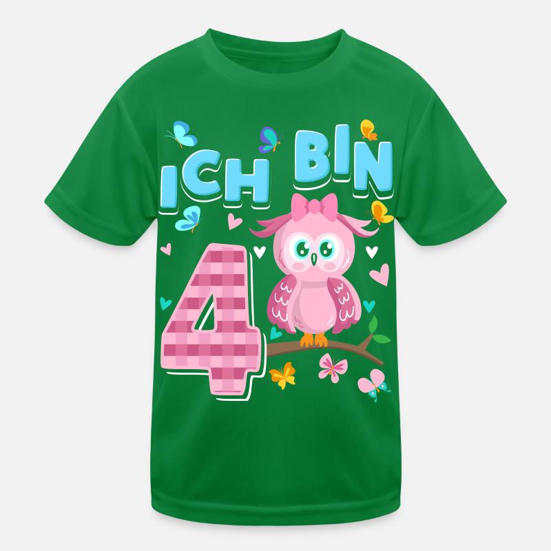 Vierter Geburtstag Mädchen 4 Jahre Eule Kinder Funktions-T-Shirt