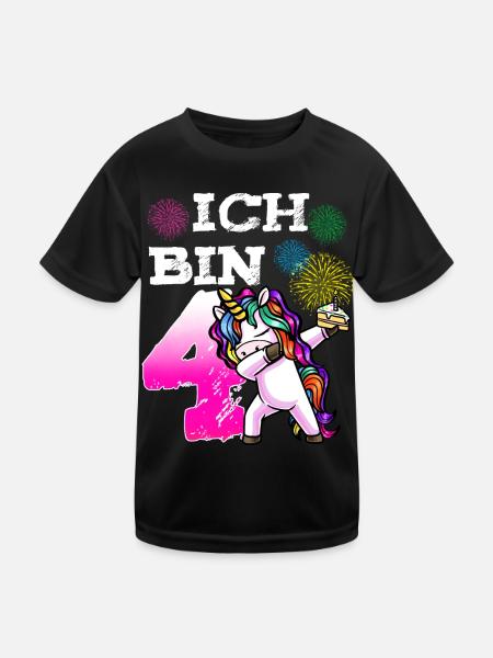 Vierter Geburtstag Mädchen 4 Jahre Einhorn - Kinder Funktions-T-Shirt - Schwarz - Vorne