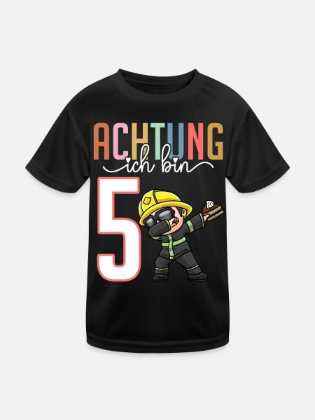 5. Geburtstag Junge Mädchen 5 Jahre Feuerwehr - Kinder Funktions-T-Shirt - Schwarz - Vorne