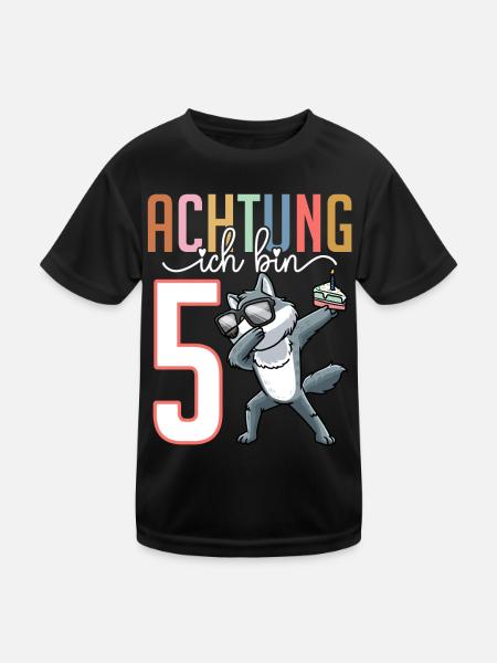 5. Geburtstag Junge Mädchen 5 Jahre Wolf - Kinder Funktions-T-Shirt - Schwarz - Vorne