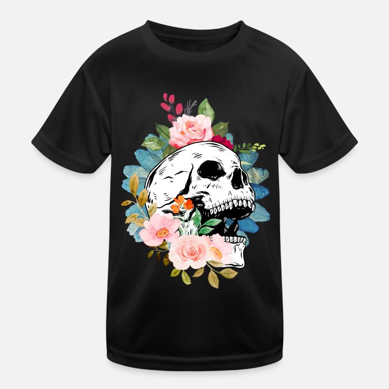 Totenkopf und Blumen Kinder Funktions-T-Shirt