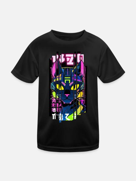 Cyborg Katze Neon Kanji - Kinder Funktions-T-Shirt - Schwarz - Vorne