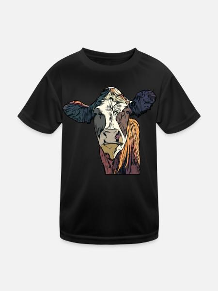 Farmer Cattle Animal Head Motif Print with Bull - Kids Functional T-Shirt - black - Front