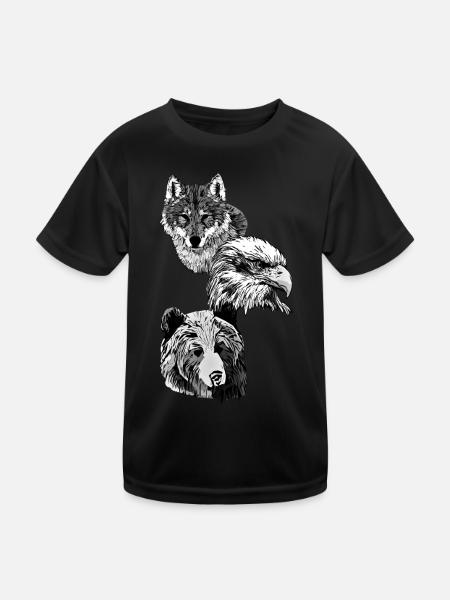 Wildtier Motiv mit Adler, Wolf und Bären Kopf - Kinder Funktions-T-Shirt - Schwarz - Vorne