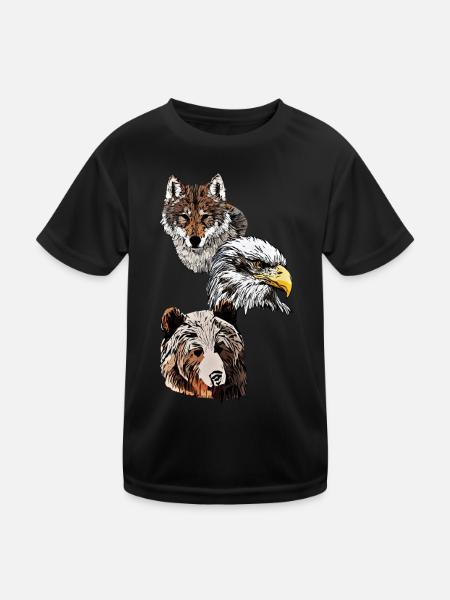Wildtier Motiv mit Adler, Wolf und Bären Kopf - Kinder Funktions-T-Shirt - Schwarz - Vorne