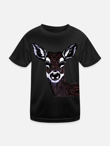 Red Deer Animal Face Woodland Animal Motif - Kids Functional T-Shirt - black - Front