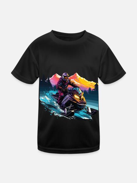 Schneemobilfahren in einer schneebedeckten Bergkulisse - Kinder Funktions-T-Shirt - Schwarz - Vorne