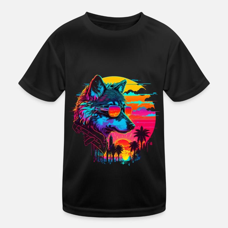 Wolf Retro Illustration Synthwave Art - Kinder Funktions-T-Shirt - Schwarz