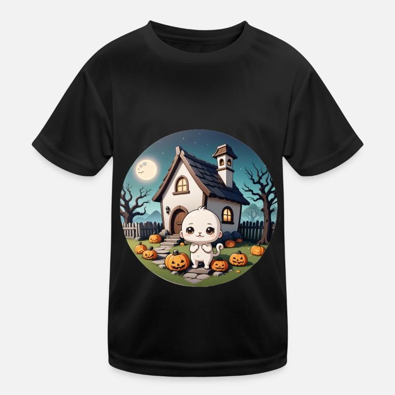 Halloween maison hantée chat à la pleine lune et citrouilles T-shirt sport Enfant