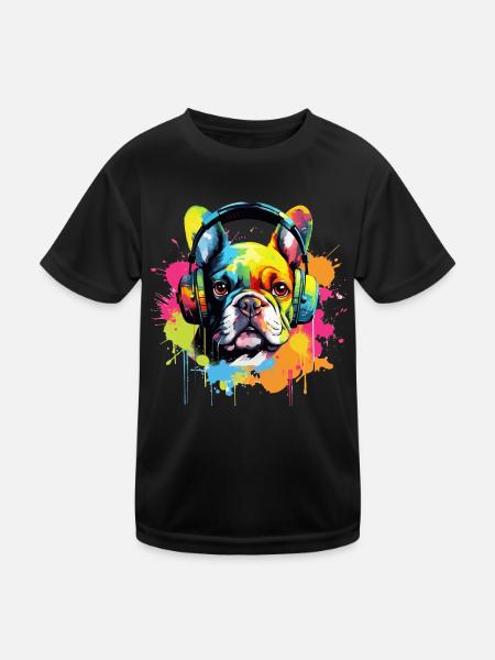 Bouledogue français coloré avec des écouteurs - T-shirt sport Enfant - noir - Devant