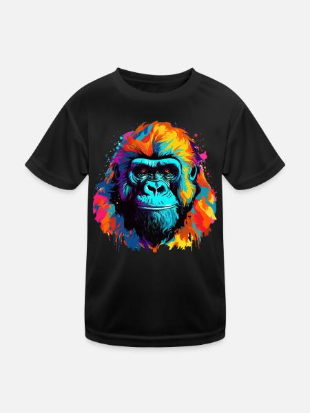 Bunter Gorilla Farbkleckse Farbspritzer - Kinder Funktions-T-Shirt - Schwarz - Vorne