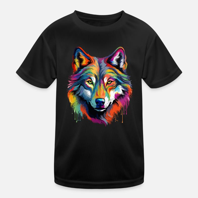 Bunter Wolf Farbspritzer Farbkleckse - Kinder Funktions-T-Shirt - Schwarz
