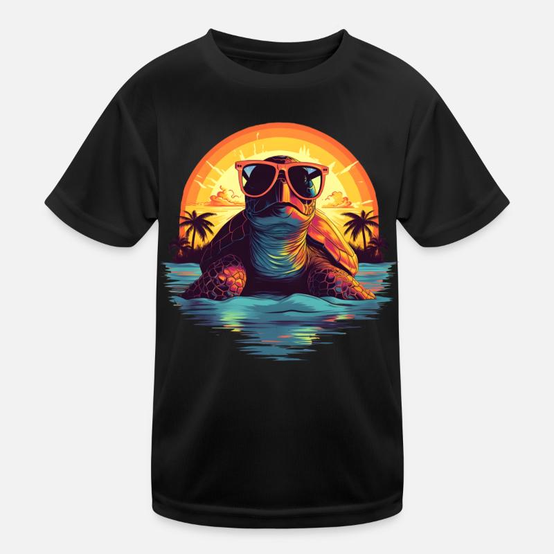 Sea turtle with sunglasses on the beach Kids Functional T-Shirt