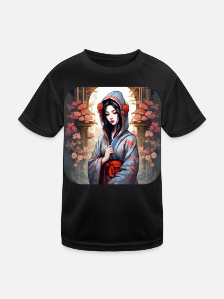 Niedliches Anime Manga Mädchen im Geisha Style - Kinder Funktions-T-Shirt - Schwarz - Vorne