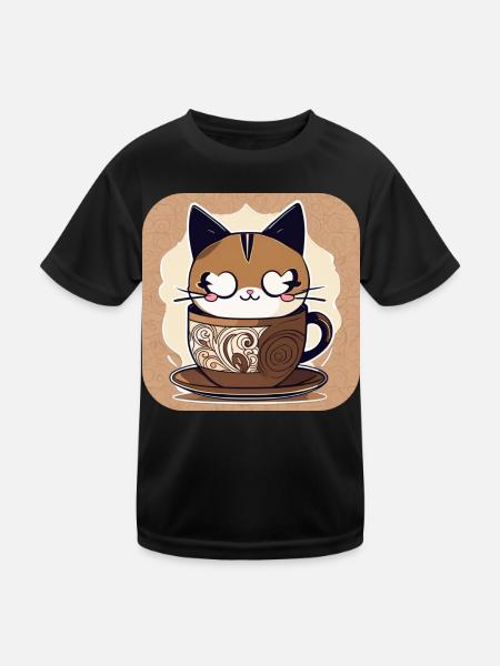 Niedliche Kaffee Katze - Kinder Funktions-T-Shirt - Schwarz - Vorne