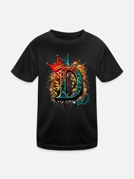 Buchstabe D als cooles Graffiti mit Krone 👑 - Kinder Funktions-T-Shirt - Schwarz - Vorne