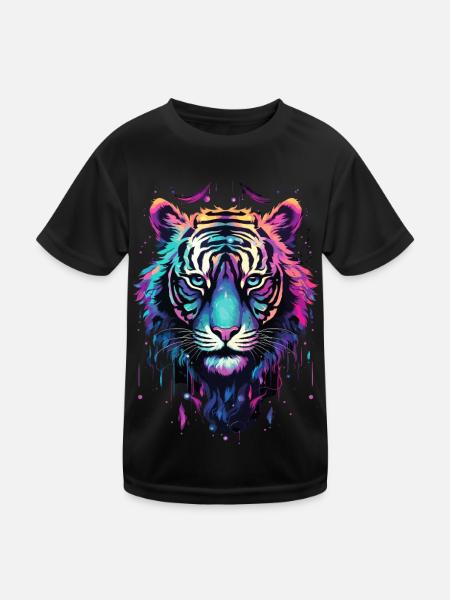 Tiger Tiger Head Neon Colorful Colorful Wild Brave - Kids Functional T-Shirt - black - Front