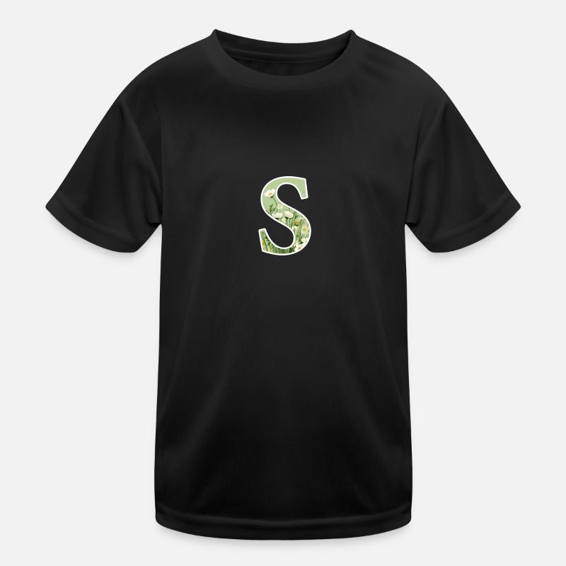Buchstabe S, Monogramm, Blumenmuster - Kinder Funktions-T-Shirt - Schwarz