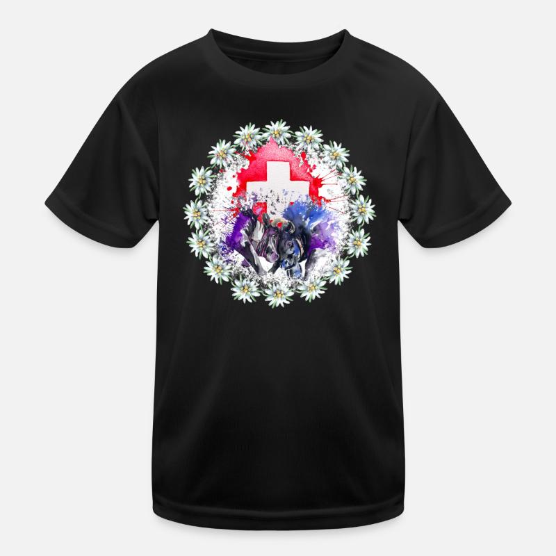 Herdkuh mit Schweizer Flagge und Edelweiß Kinder Funktions-T-Shirt