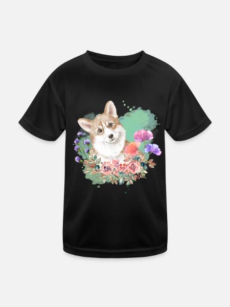Welsh Corgi Cottagecore Wasserfarben Blumen - Kinder Funktions-T-Shirt - Schwarz - Vorne