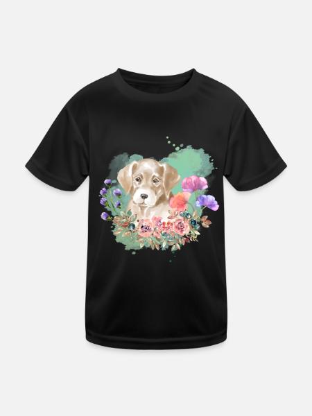 Labrador Welpe Cottagecore Wasserfarben Blumen - Kinder Funktions-T-Shirt - Schwarz - Vorne
