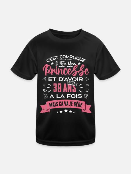 Une princesse a 39 ans, Cadeau d’anniversaire - T-shirt sport Enfant - noir - Devant