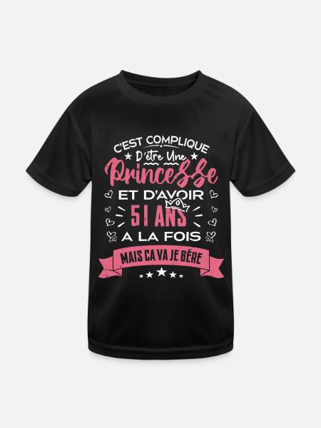 Une princesse a 51 ans, Cadeau d’anniversaire - T-shirt sport Enfant - noir - Devant