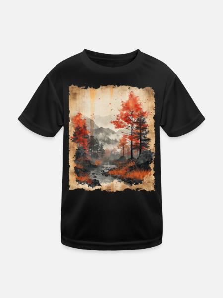 Classic Scenery Papyrus Scroll Onsen Japanese - Kids Functional T-Shirt - black