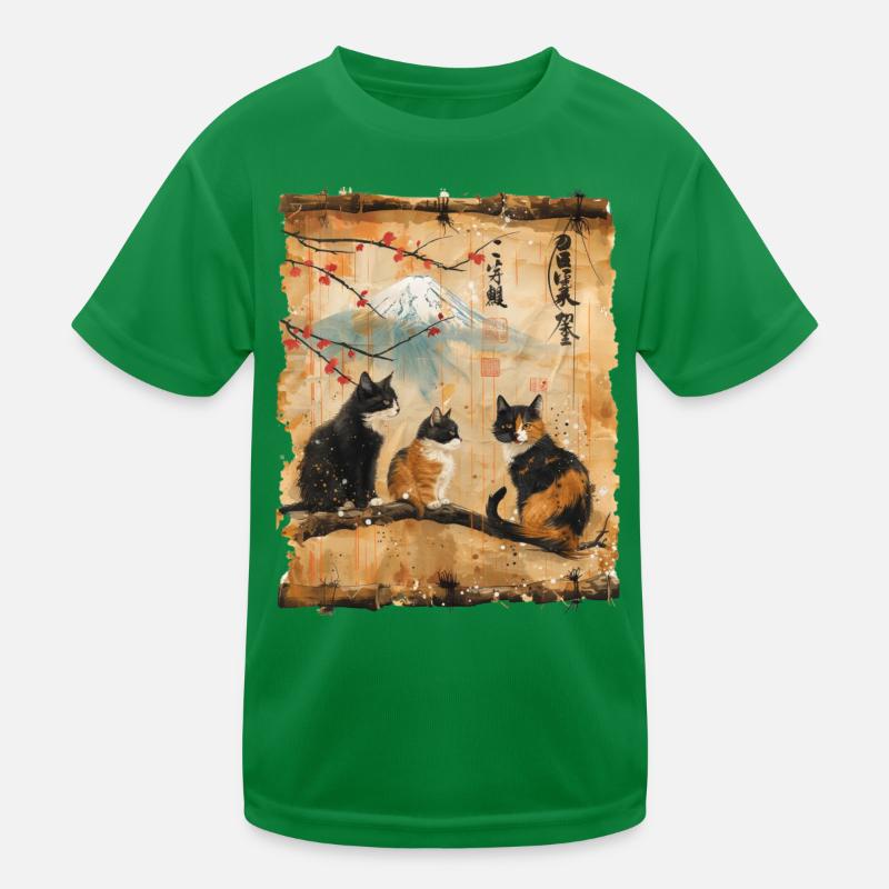 Mt. Fuji Kitten Papyrus Scroll Retro Kids Functional T-Shirt