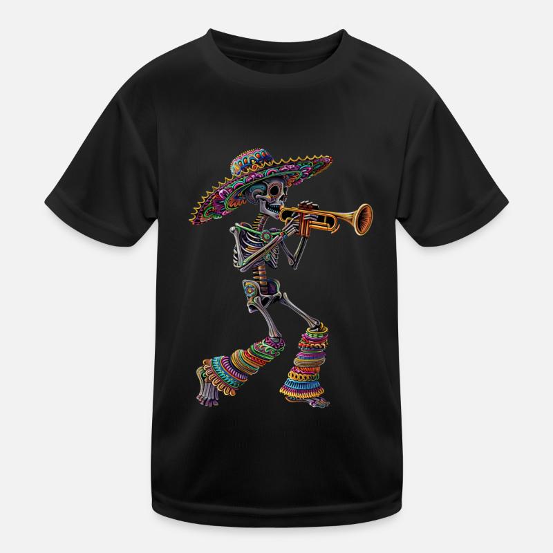 Mexican Trumpet Skeleton Kids Functional T-Shirt