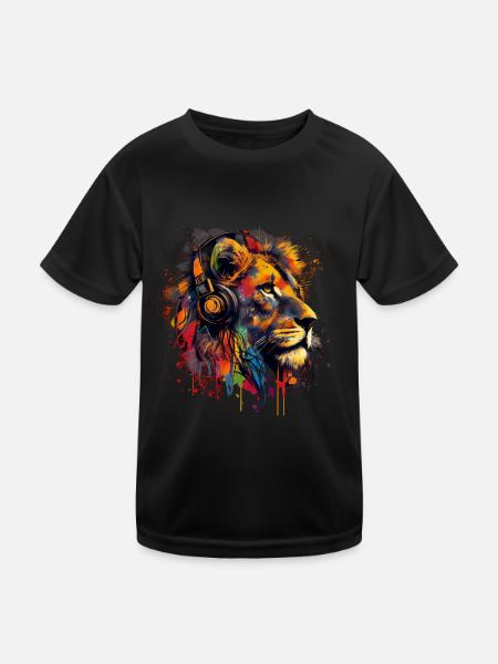 Löwe mit Kopfhörern - Kinder Funktions-T-Shirt - Schwarz