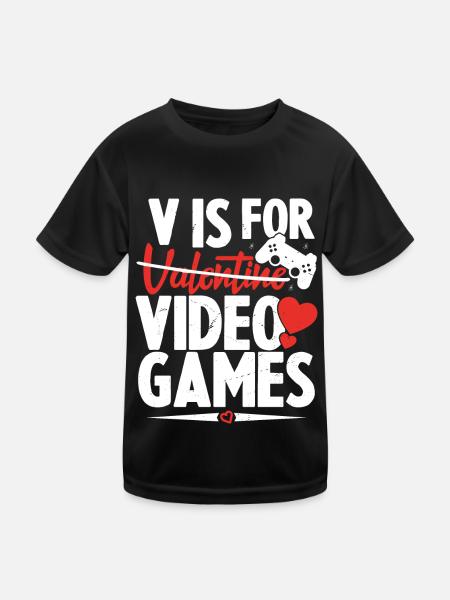 V Is For Video Games Funny Valentines Day - Kids Functional T-Shirt - black - Front