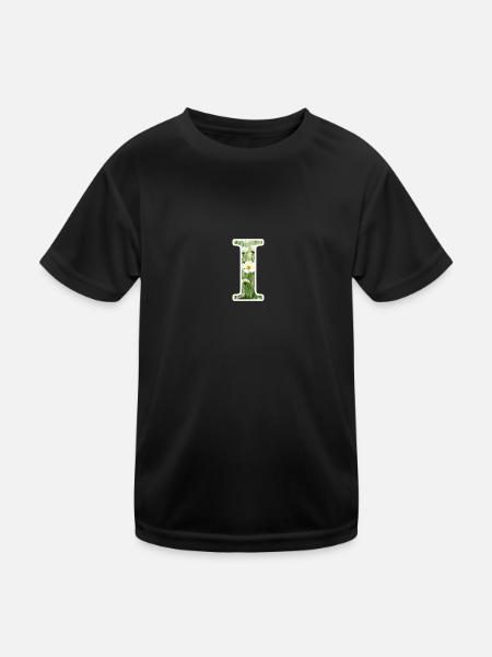Letter I, Monogram, Floral Pattern - Kids Functional T-Shirt - black - Front
