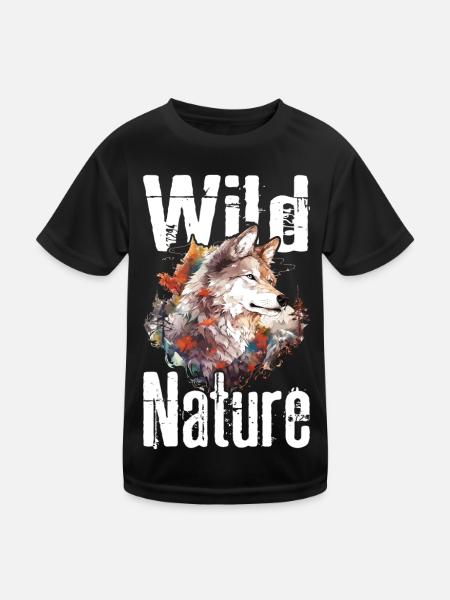 Wolf Wild Nature Wolfskopf Wildnis Wald Bäume - Kinder Funktions-T-Shirt - Schwarz - Vorne