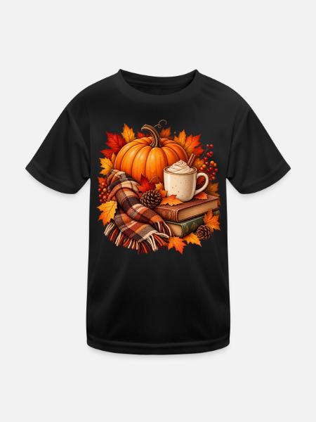 Herbstliche gemütliche Kürbis-Latte-Szene - Kinder Funktions-T-Shirt - Schwarz - Vorne