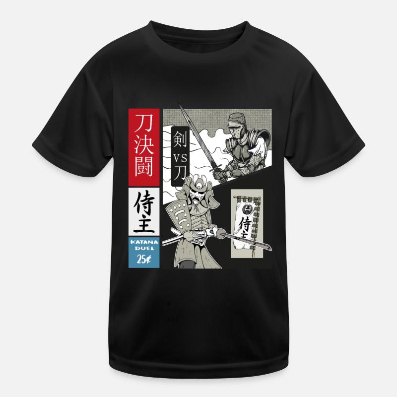 Samurai Duell Katana vs. schweres Schwert - Kinder Funktions-T-Shirt - Schwarz